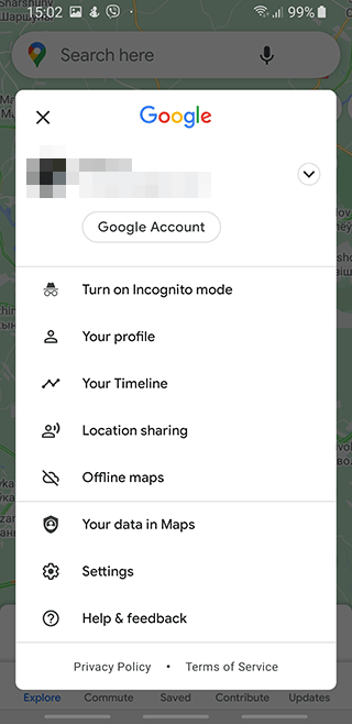 Google Maps settings menu