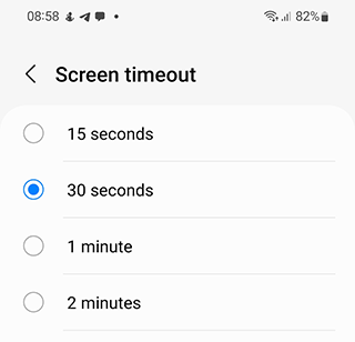 Screen timeout settings list