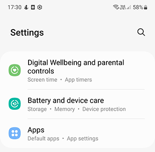 Apps item menu on Android settings