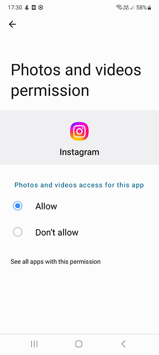 Allowing Photos and video access for Instagram