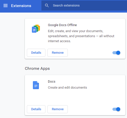 Extensions page on Chrome