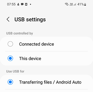 Android USB settings for transferring files