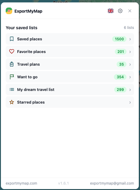 Exporting a Google Maps saved list and choosing a file format