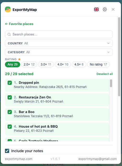 Saved Google Maps lists detected by ExportMyMap
