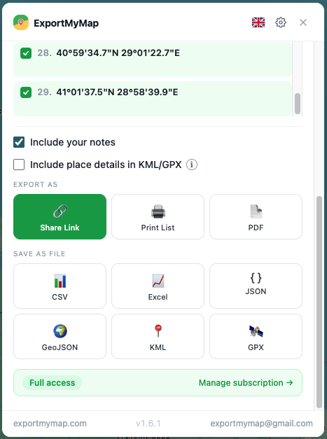 Google Maps place details selected for export