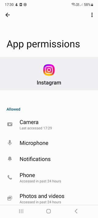 Instagram app permissions