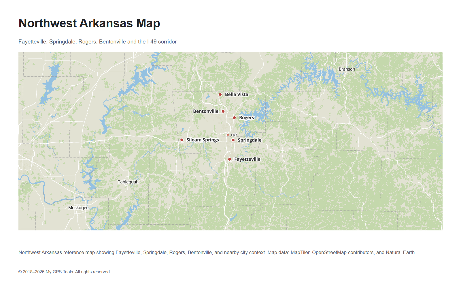 Northwest Arkansas map with Fayetteville, Springdale, Rogers and Bentonville