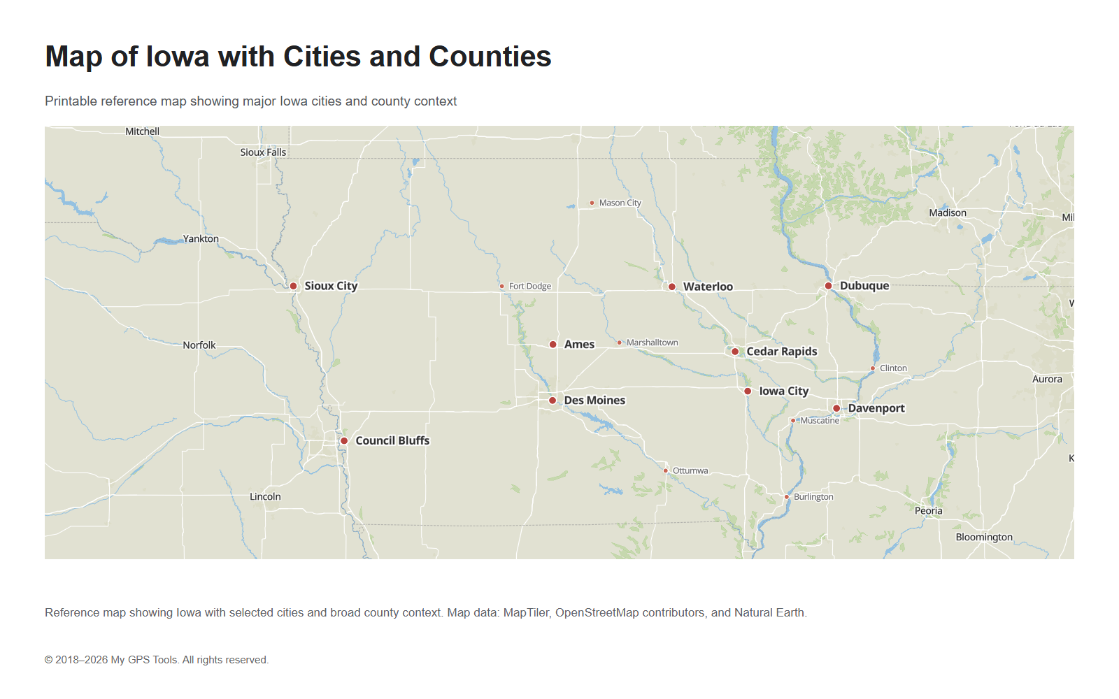 Map of Iowa with cities and counties
