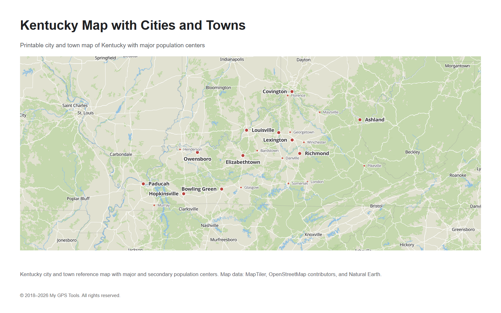 Kentucky map with cities and towns
