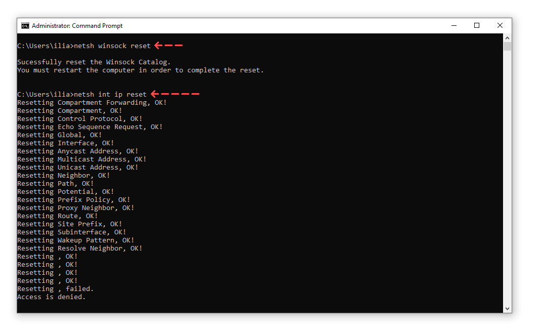 netsh winsock reset command