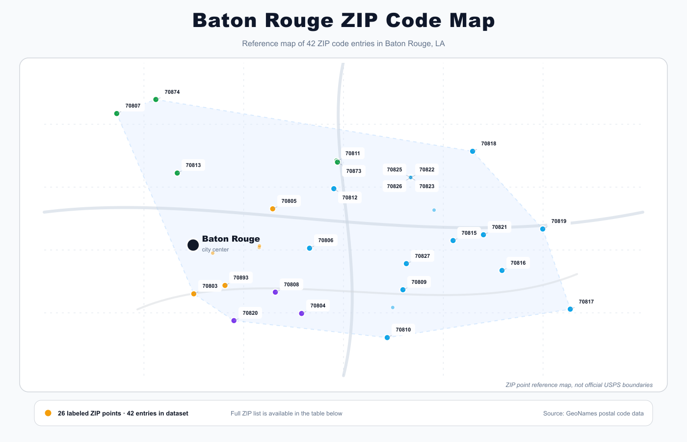 Baton Rouge ZIP code reference map showing ZIP code points and city center