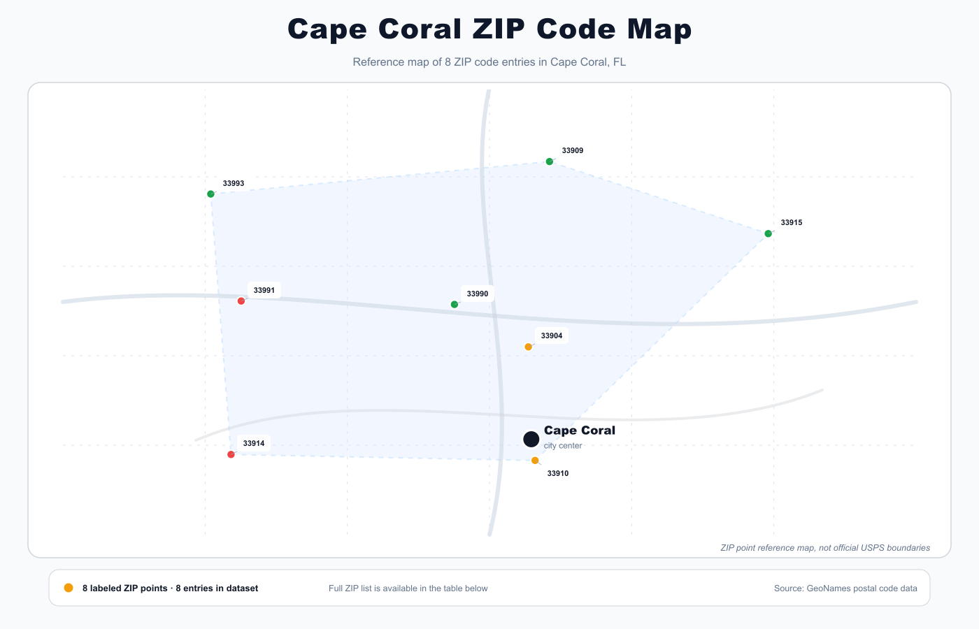 Cape Coral ZIP code reference map showing ZIP code points and city center