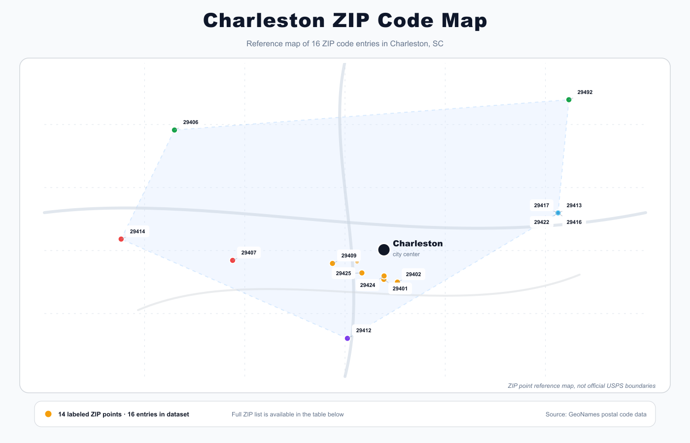 Charleston ZIP code reference map showing ZIP code points and city center