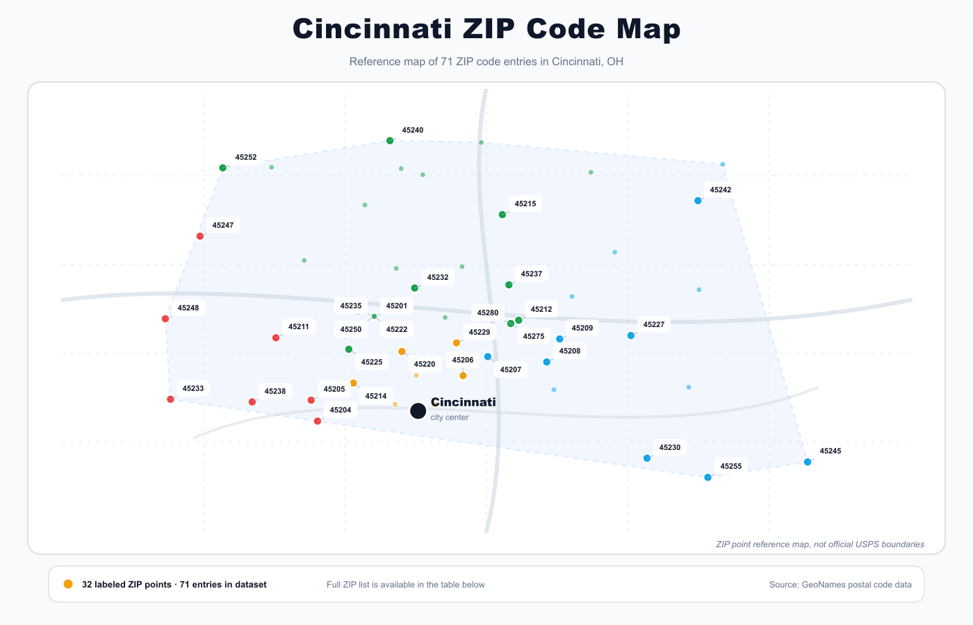 Cincinnati ZIP code reference map showing ZIP code points and city center