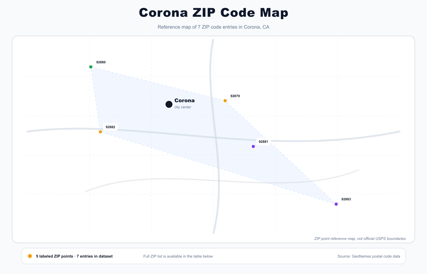 Corona ZIP code reference map showing ZIP code points and city center