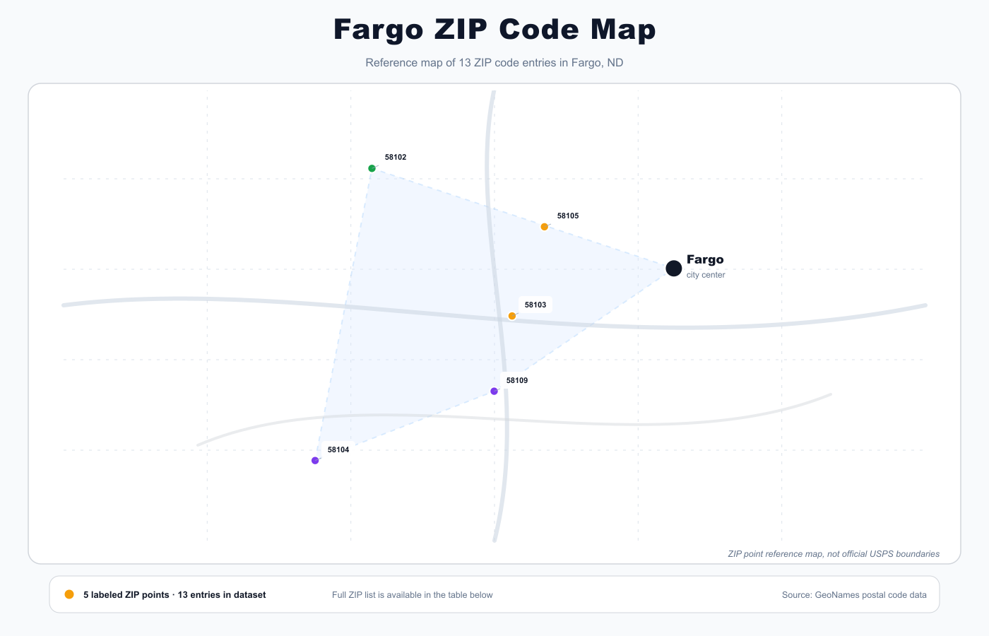 Fargo ZIP code reference map showing ZIP code points and city center