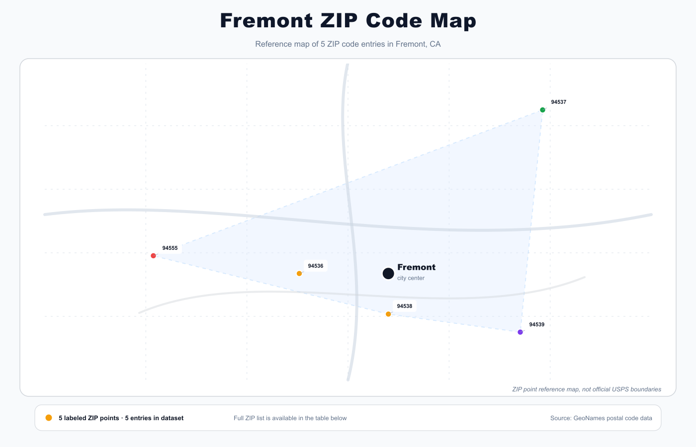 Fremont ZIP code reference map showing ZIP code points and city center