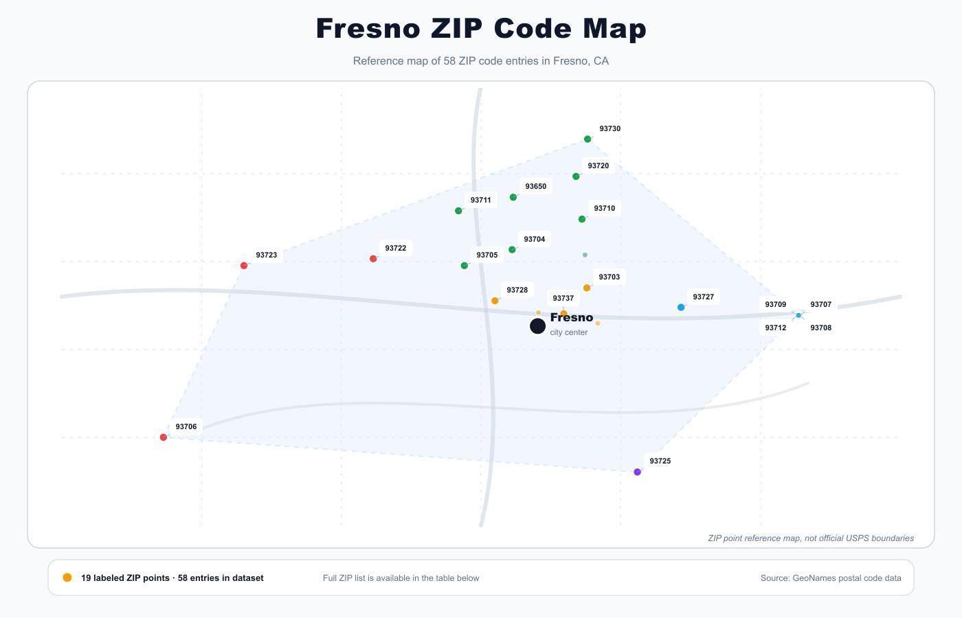 Fresno ZIP code reference map showing ZIP code points and city center