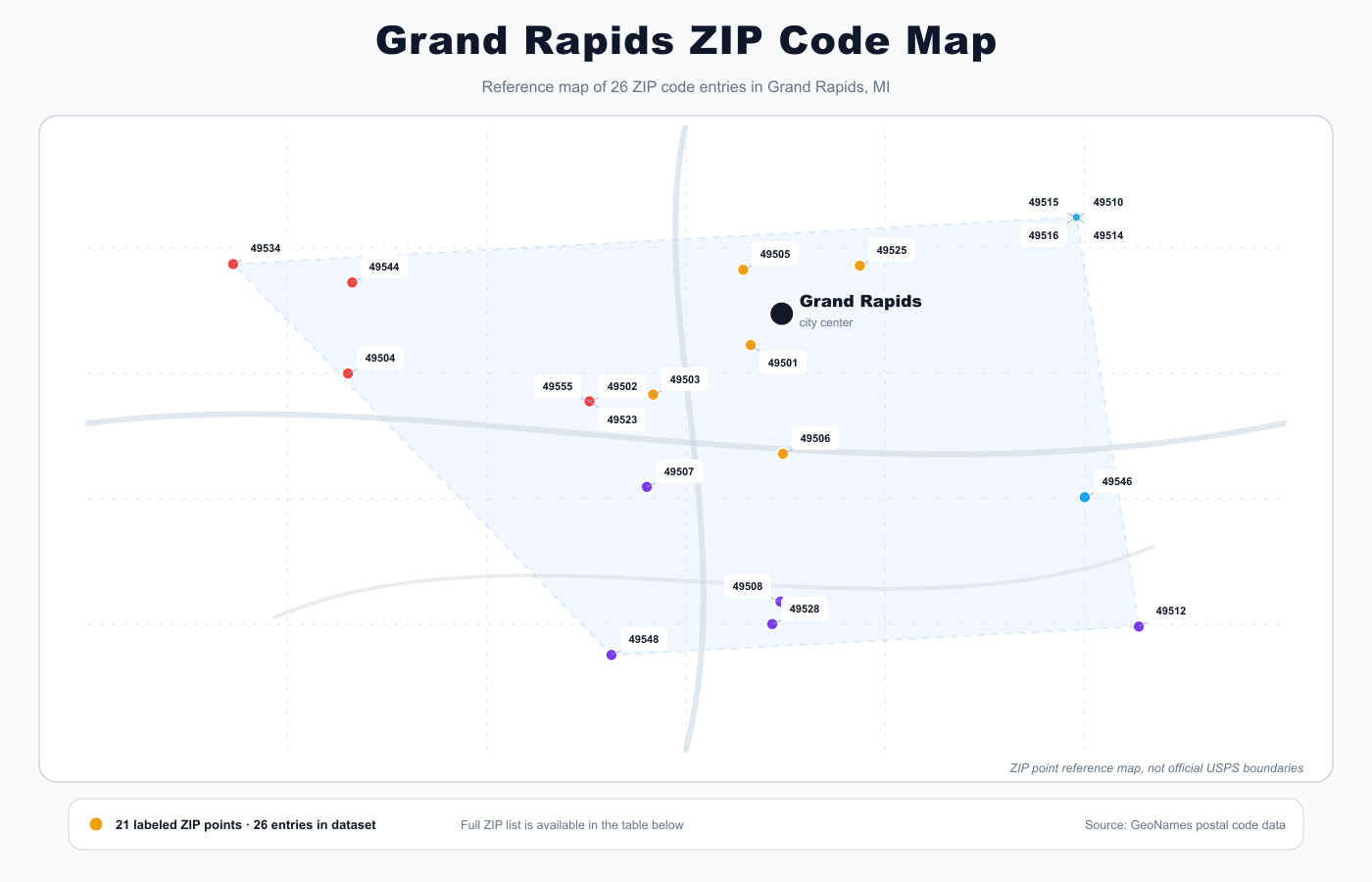 Grand Rapids ZIP code reference map showing ZIP code points and city center