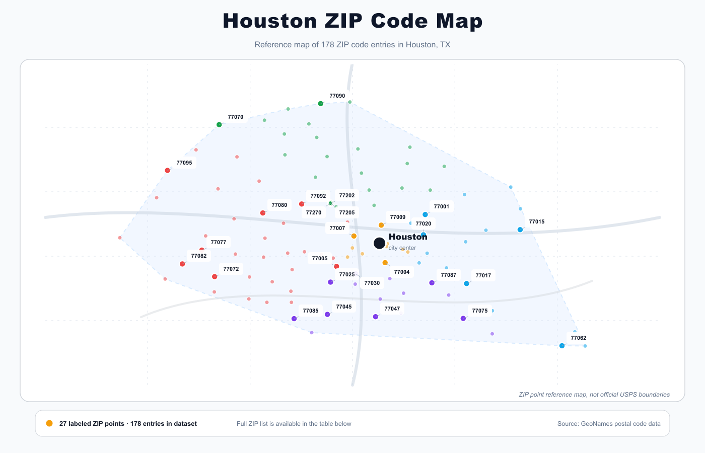 Houston ZIP code reference map showing ZIP code points and city center