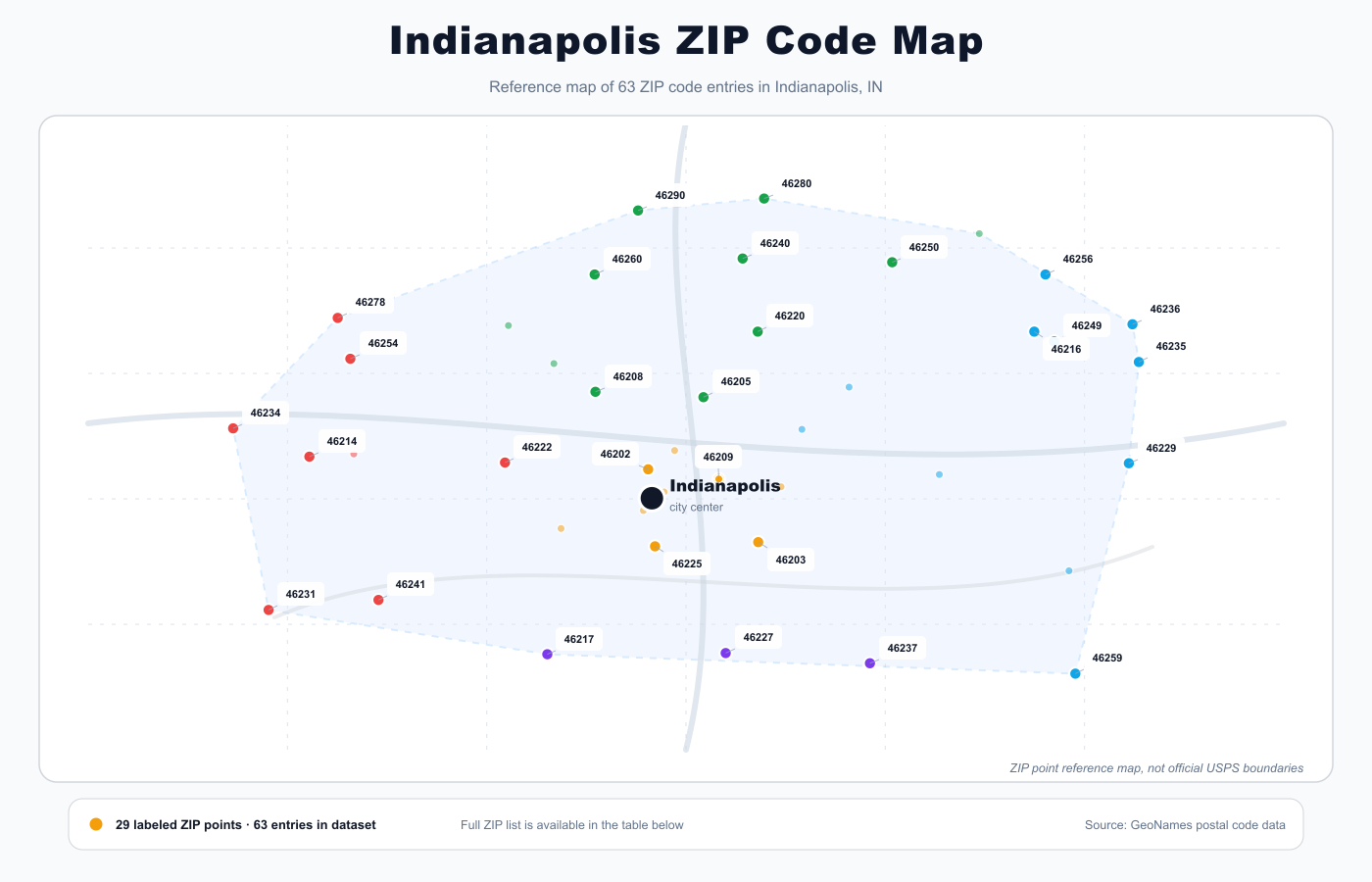 Indianapolis ZIP code reference map showing ZIP code points and city center