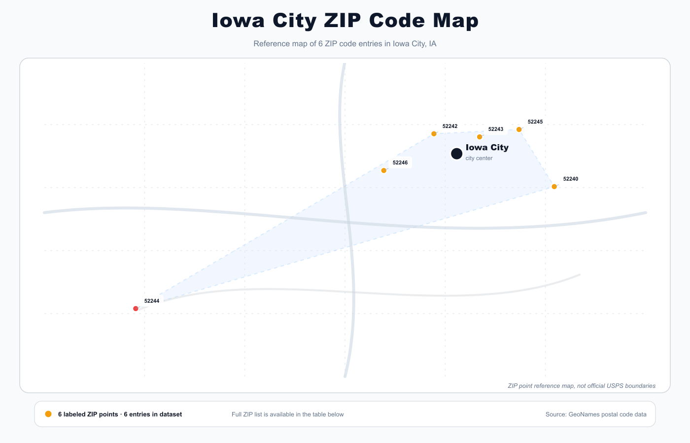 Iowa City ZIP code reference map showing ZIP code points and city center