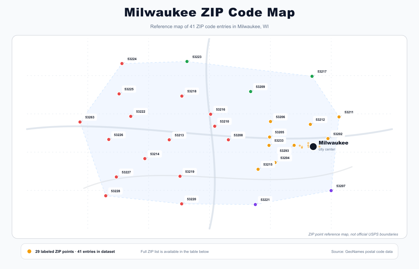 Milwaukee ZIP code reference map showing ZIP code points and city center
