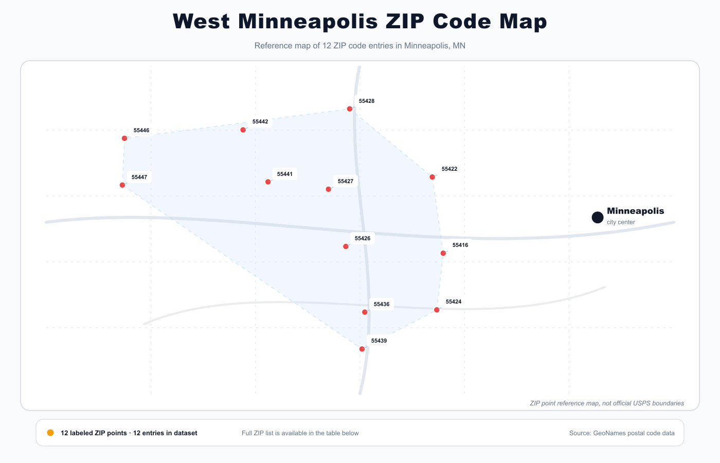 West Minneapolis ZIP code map