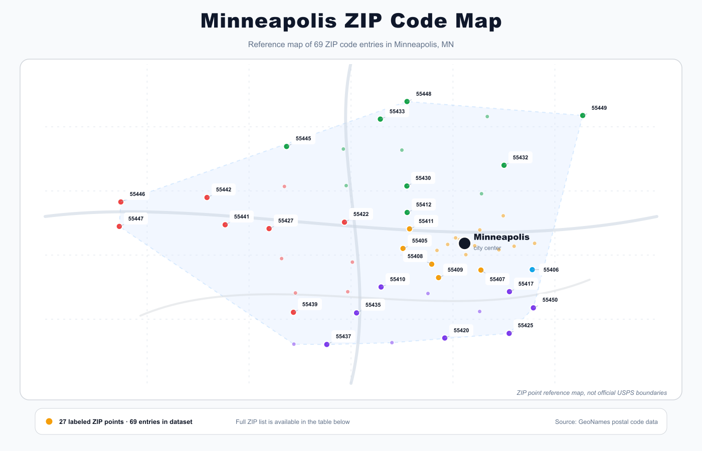 Minneapolis ZIP code reference map showing ZIP code points and city center