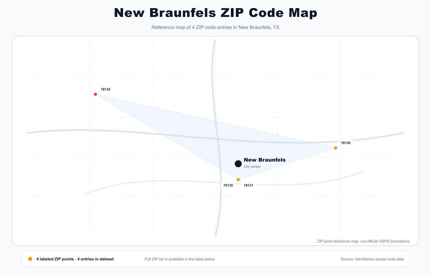New Braunfels ZIP code reference map showing ZIP code points and city center