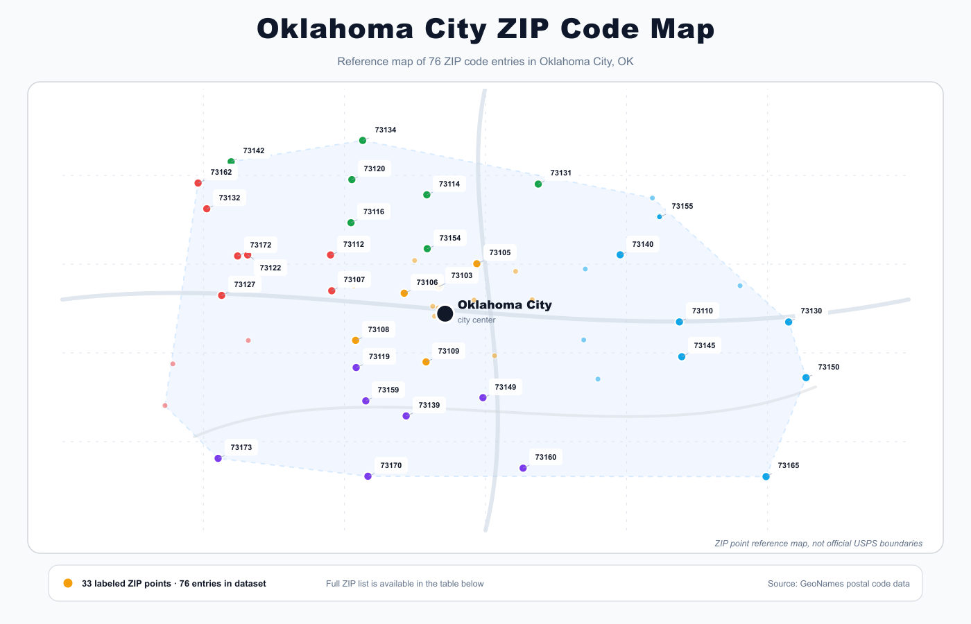 Oklahoma City ZIP code reference map showing ZIP code points and city center