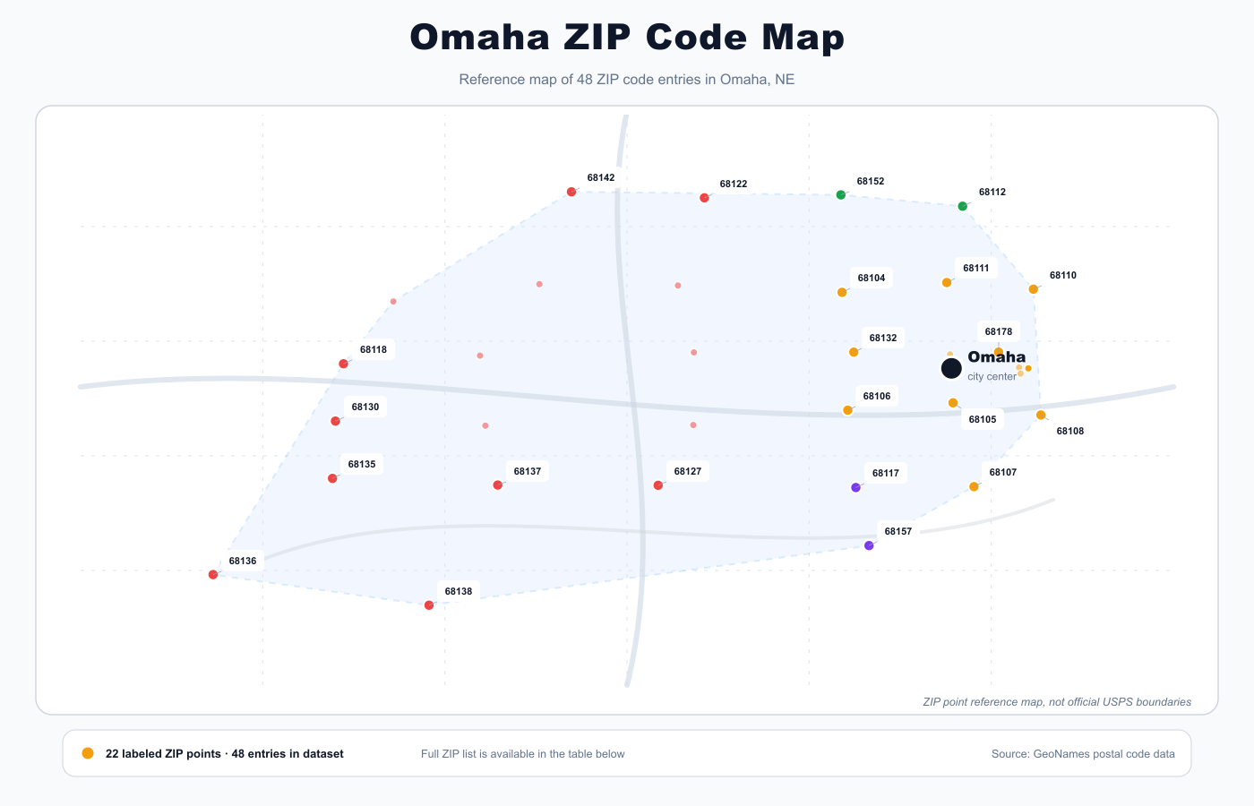 Omaha ZIP code reference map showing ZIP code points and city center