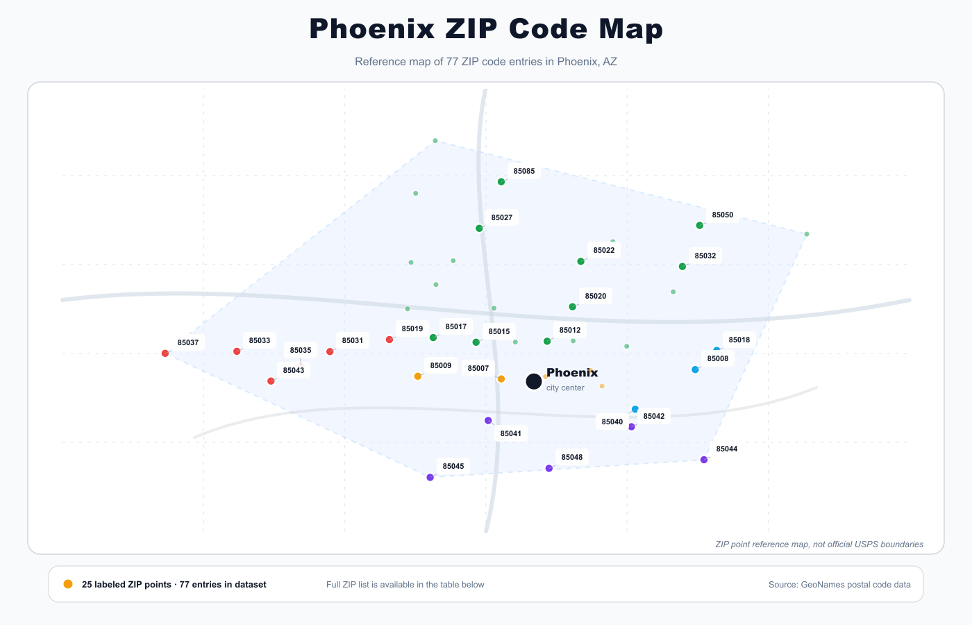 Phoenix ZIP code reference map showing ZIP code points and city center