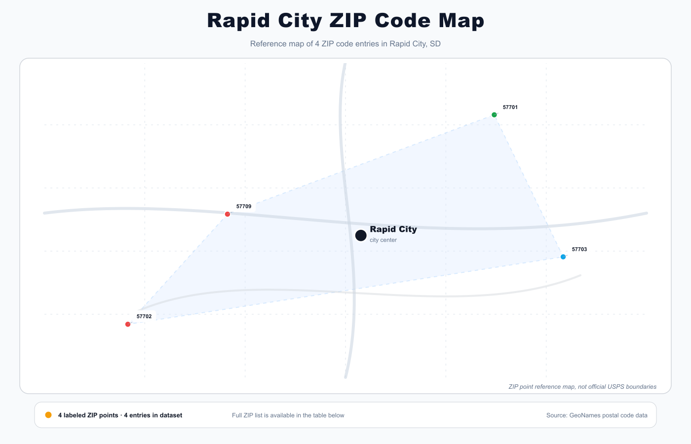 Rapid City ZIP code reference map showing ZIP code points and city center