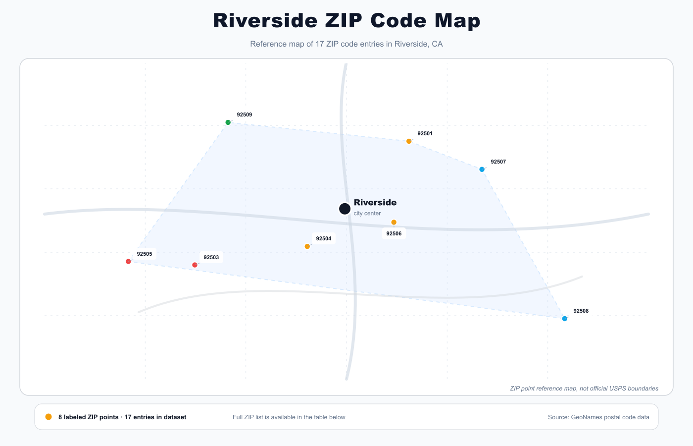 Riverside ZIP code reference map showing ZIP code points and city center