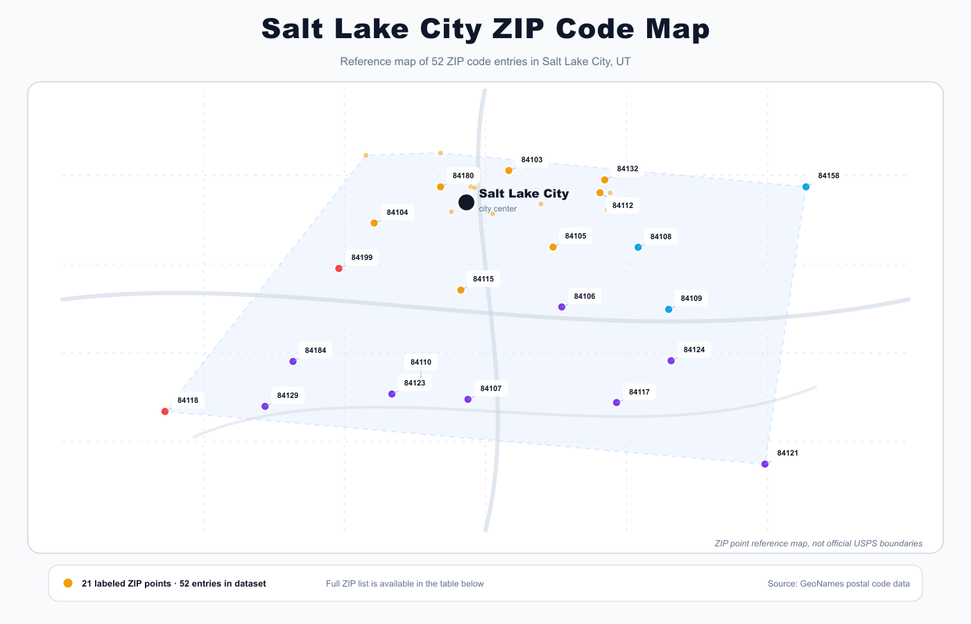 Salt Lake City ZIP code reference map showing ZIP code points and city center