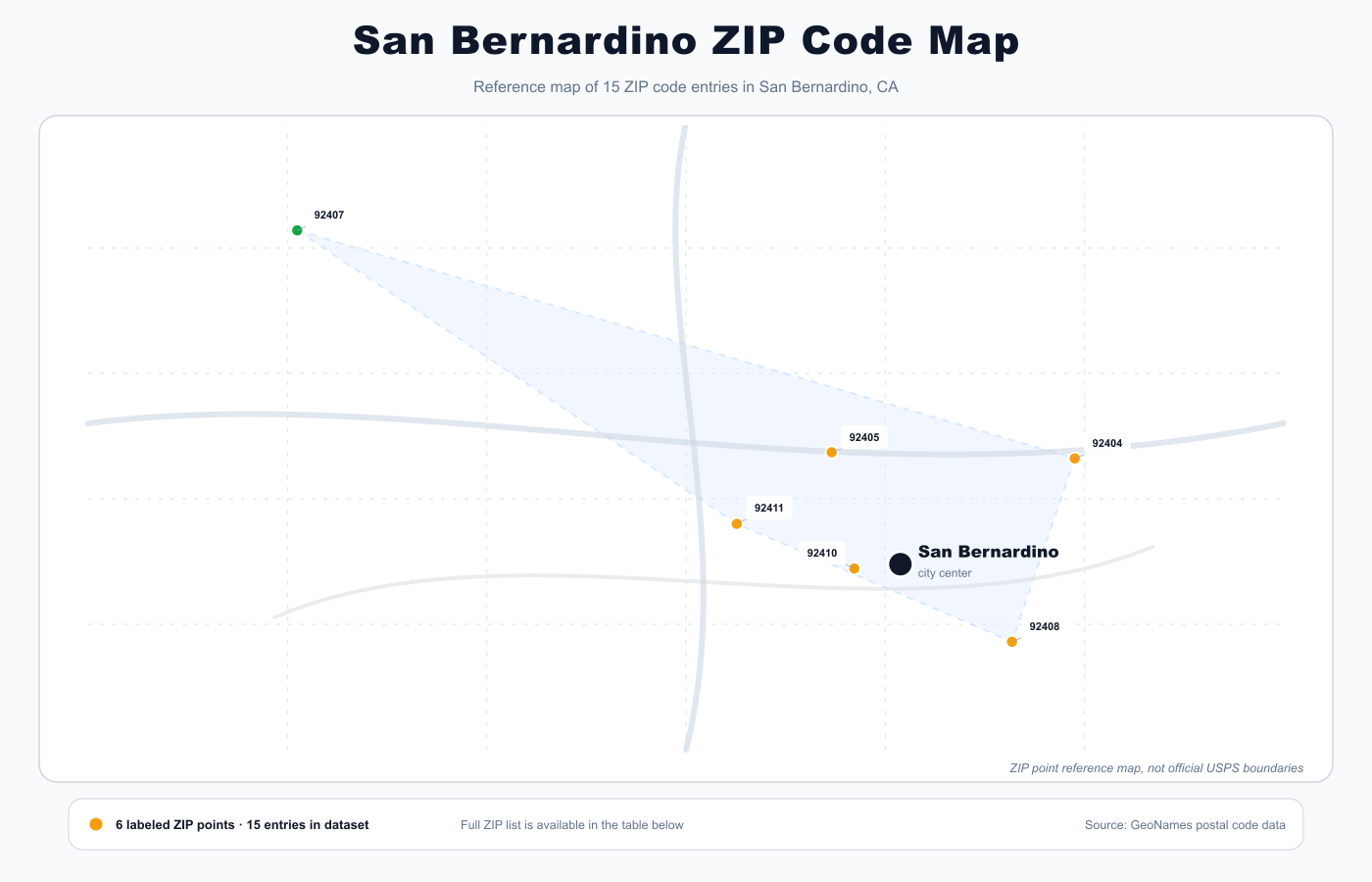 San Bernardino ZIP code reference map showing ZIP code points and city center
