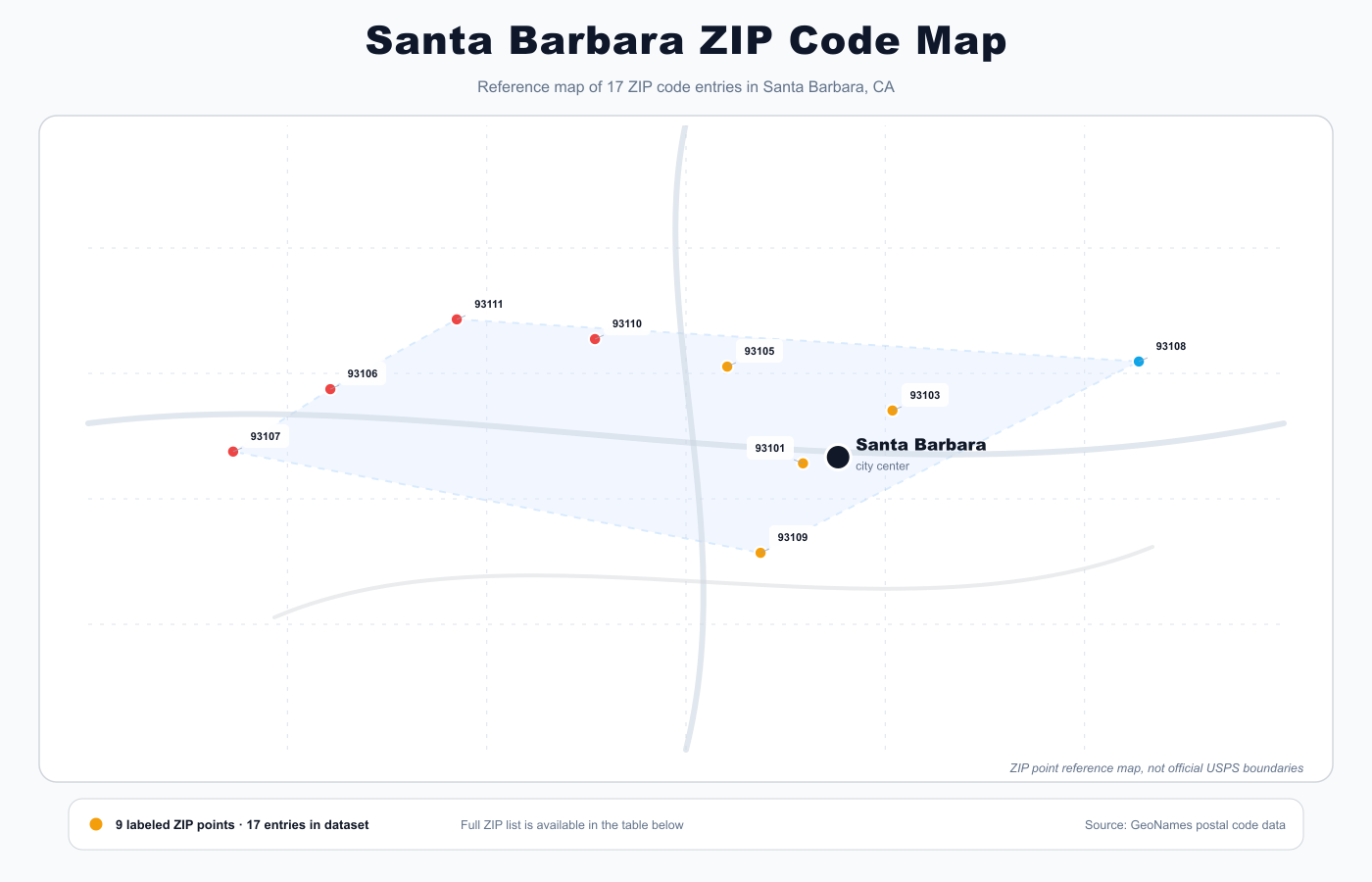 Santa Barbara ZIP code reference map showing ZIP code points and city center