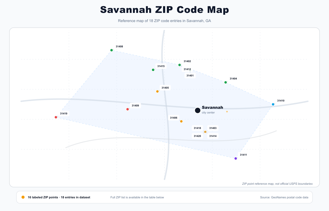 Savannah ZIP code reference map showing ZIP code points and city center