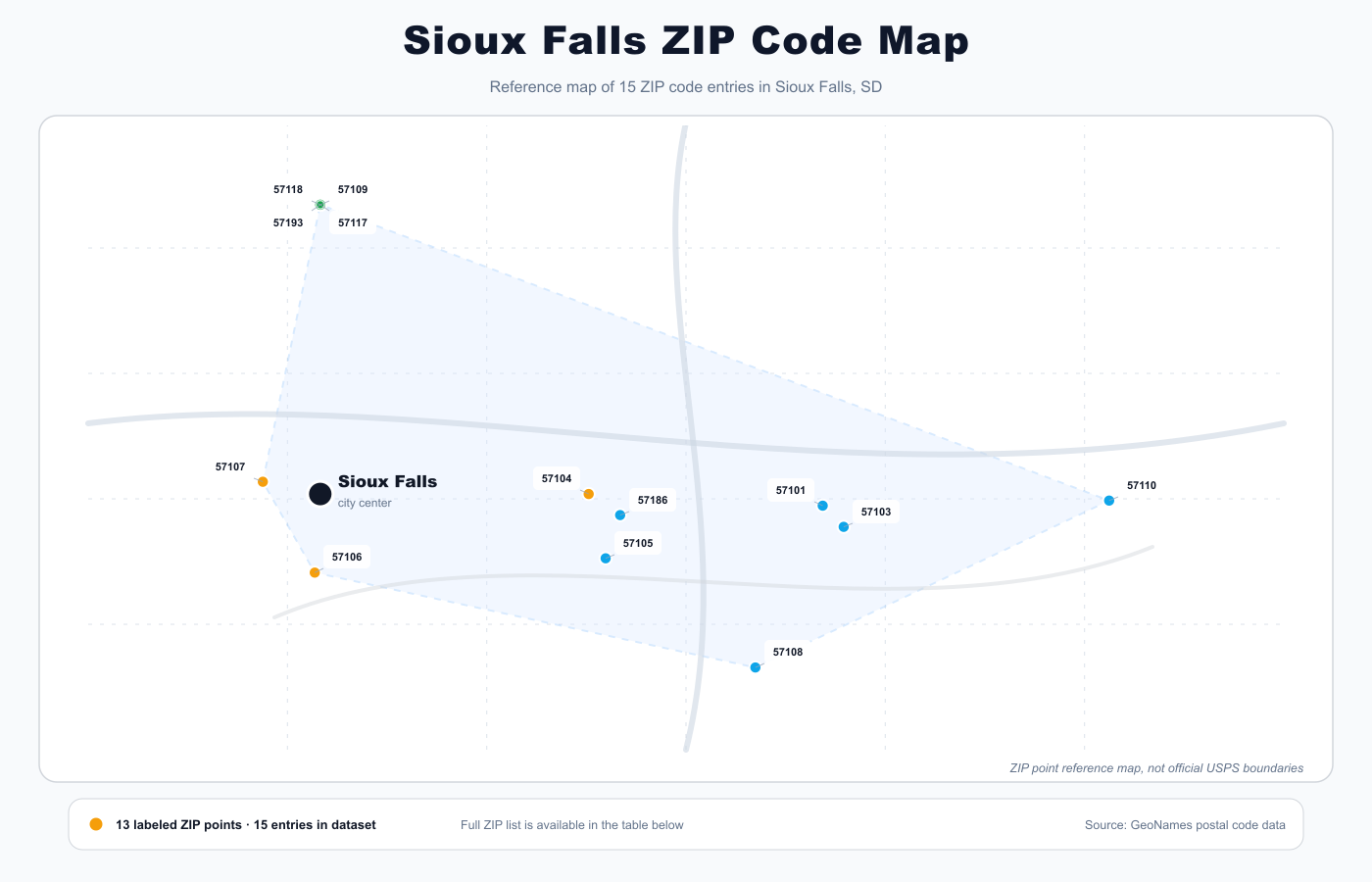 Sioux Falls ZIP code reference map showing ZIP code points and city center