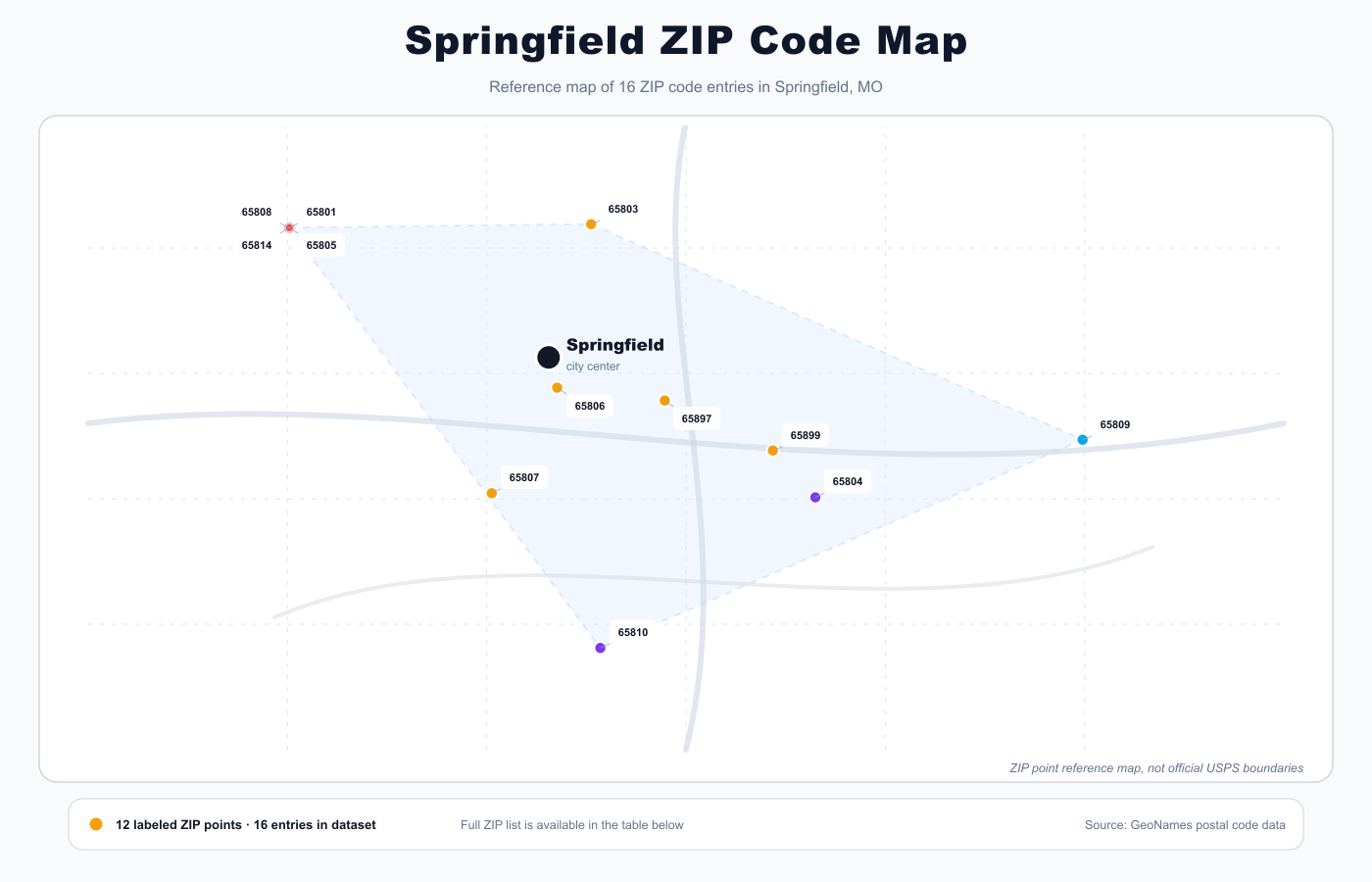 Springfield ZIP code reference map showing ZIP code points and city center