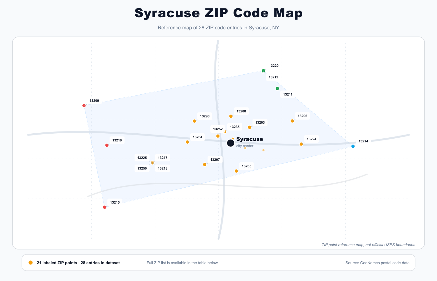 Syracuse ZIP code reference map showing ZIP code points and city center