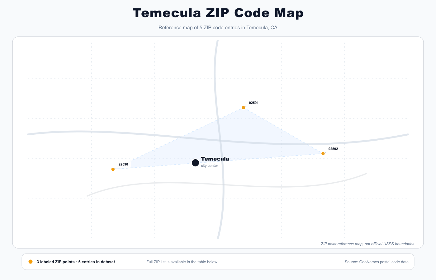 Temecula ZIP code reference map showing ZIP code points and city center